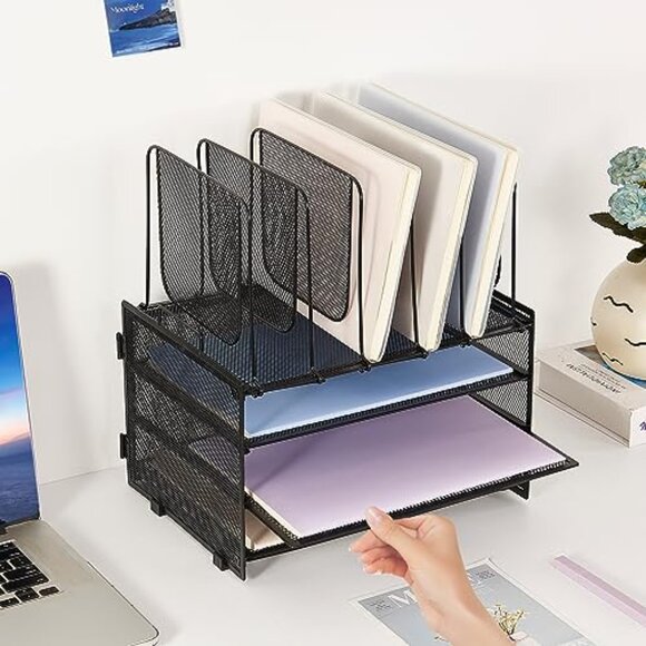 3-Tier Metal Desk Organizer with 5 File Holders, Office Supplies Storage - Picture 7 of 8